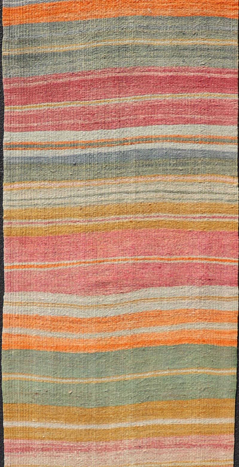 Vintage Turkish Kilim Runner with Horizontal Stripes in Bright Color Tones In Good Condition For Sale In Atlanta, GA