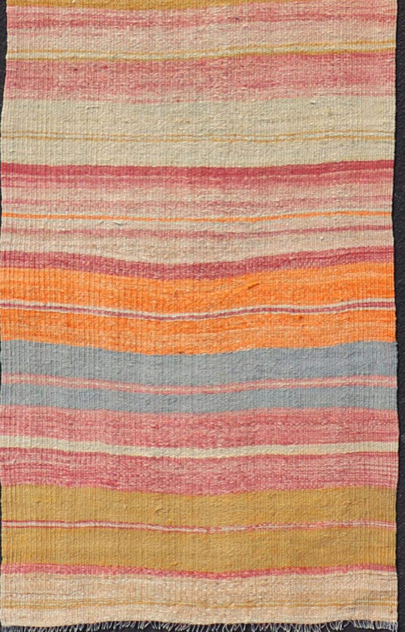 20th Century Vintage Turkish Kilim Runner with Horizontal Stripes in Bright Color Tones For Sale