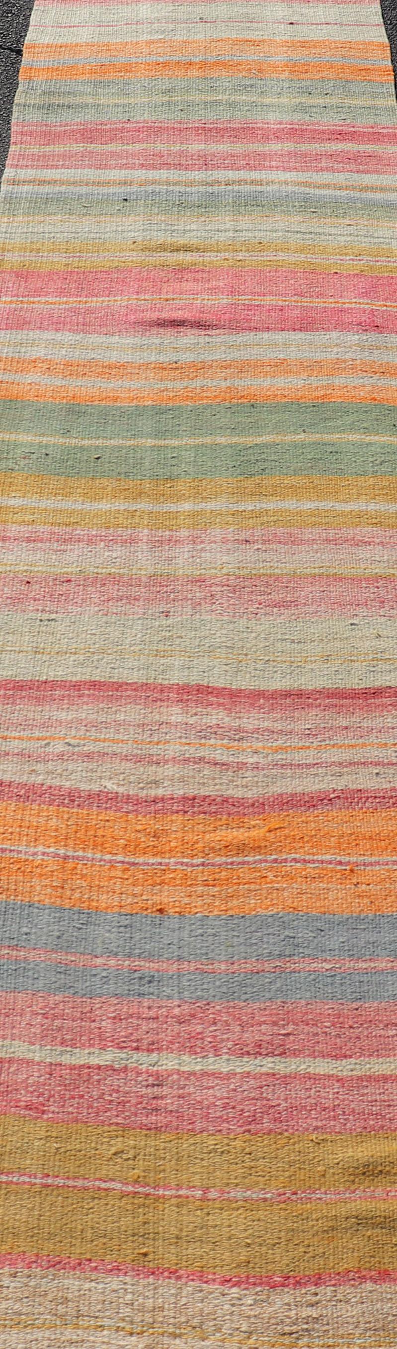 Wool Vintage Turkish Kilim Runner with Horizontal Stripes in Bright Color Tones For Sale