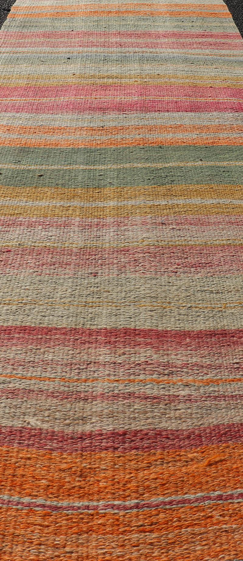 Vintage Turkish Kilim Runner with Horizontal Stripes in Bright Color Tones For Sale 1