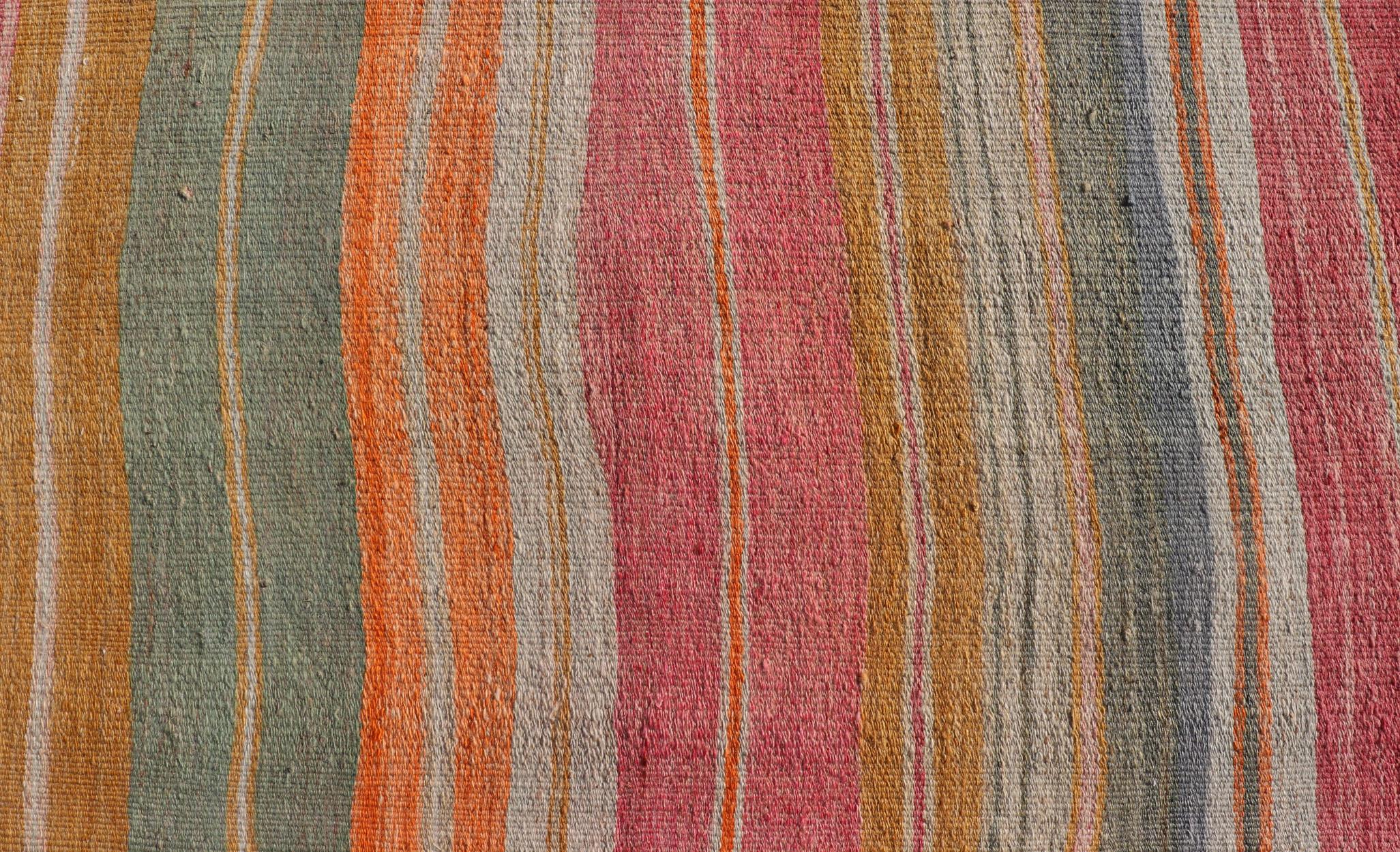 Vintage Turkish Kilim Runner with Horizontal Stripes in Bright Color Tones For Sale 2
