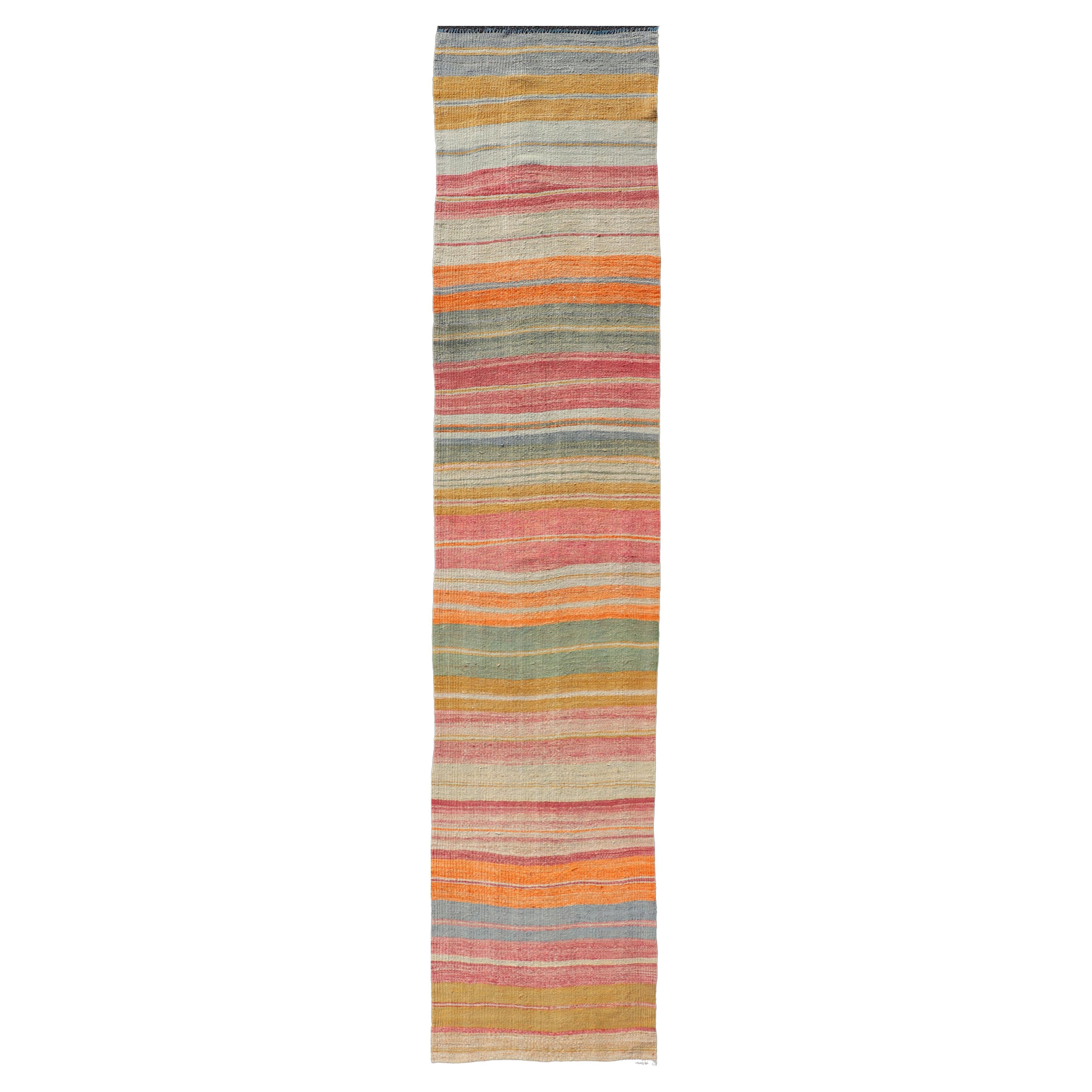 Vintage Turkish Kilim Runner with Horizontal Stripes in Bright Color Tones For Sale