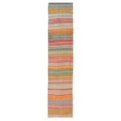 Vintage Turkish Kilim Runner with Horizontal Stripes in Bright Color Tones