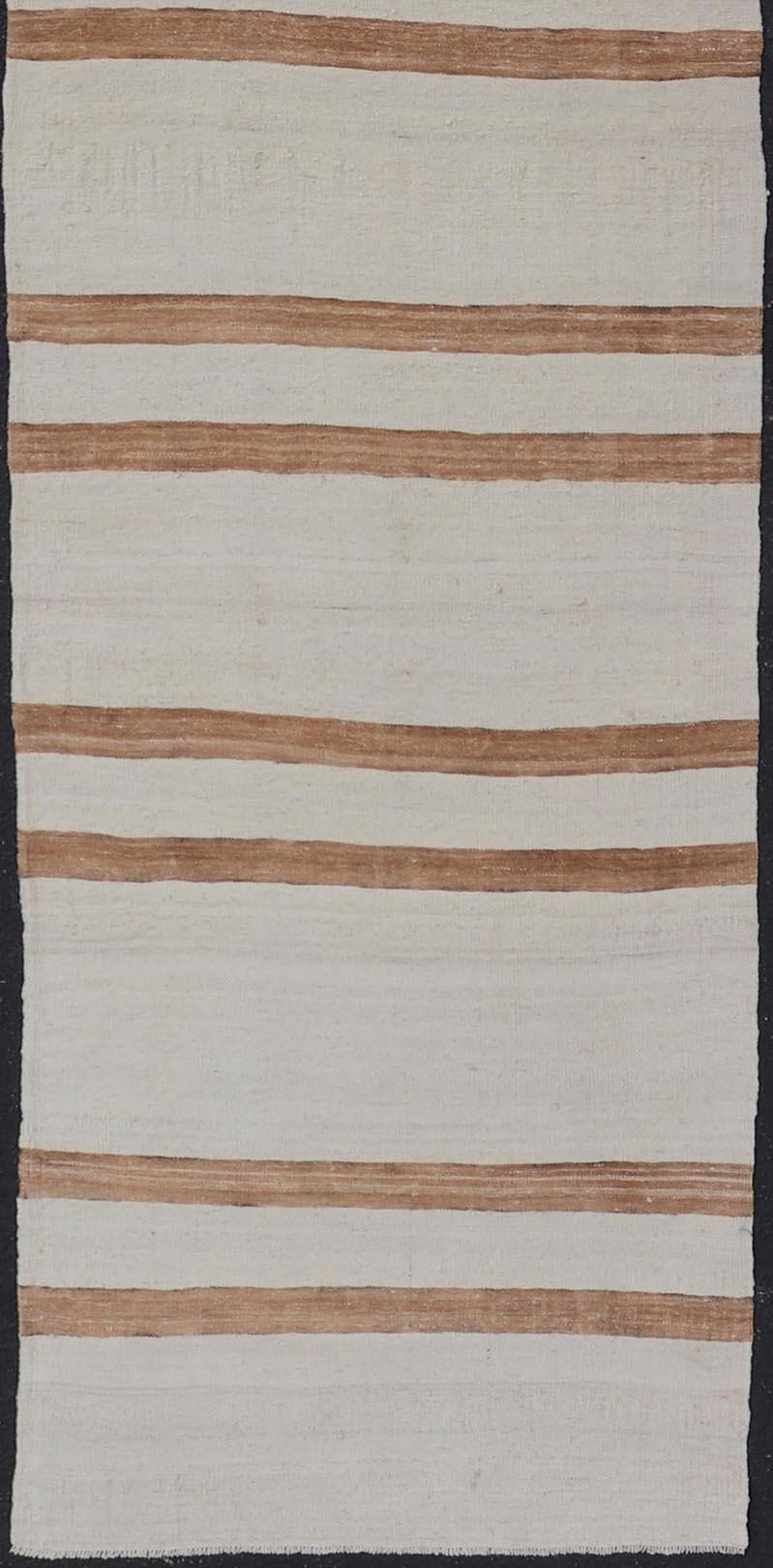 Hand-Woven Vintage Turkish Kilim Runner with Horizontal Stripes in Ivory and Cognac For Sale