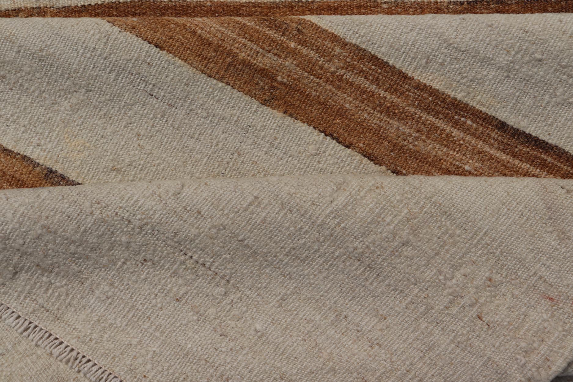 20th Century Vintage Turkish Kilim Runner with Horizontal Stripes in Ivory and Cognac For Sale