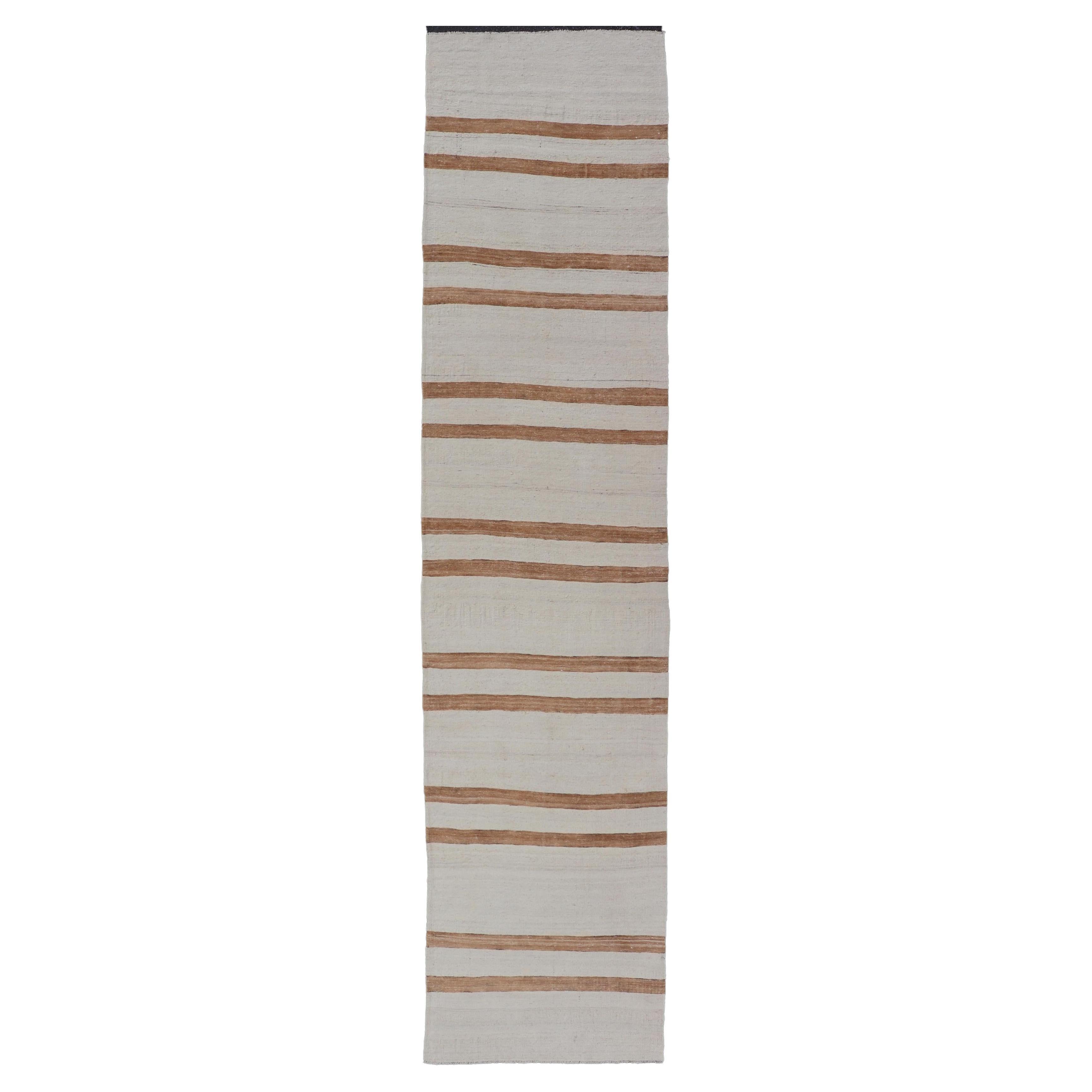 Vintage Turkish Kilim Runner with Horizontal Stripes in Ivory and Cognac For Sale