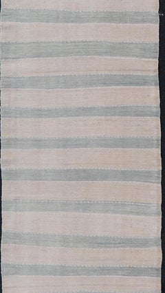 Vintage Turkish Kilim Runner with Horizontal Stripes of Light Green