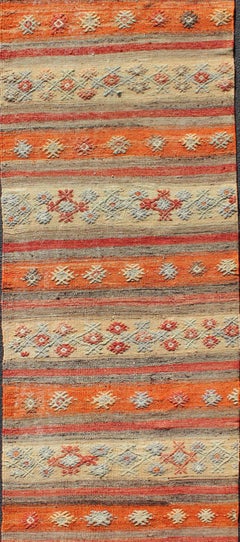 Vintage Turkish Kilim Runner with Orange, Taupe, and Soft Blue Stripe2'11 x 11'7