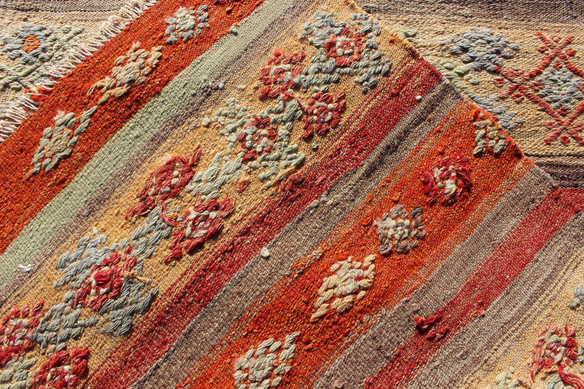 Runner Kilim turco vintage a righe arancioni, taupe e blu tenue2'11 x 11'7 in vendita 1