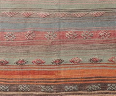 Vintage Turkish Kilim Runner with Pastel Coral, Sage and Blue Stripes