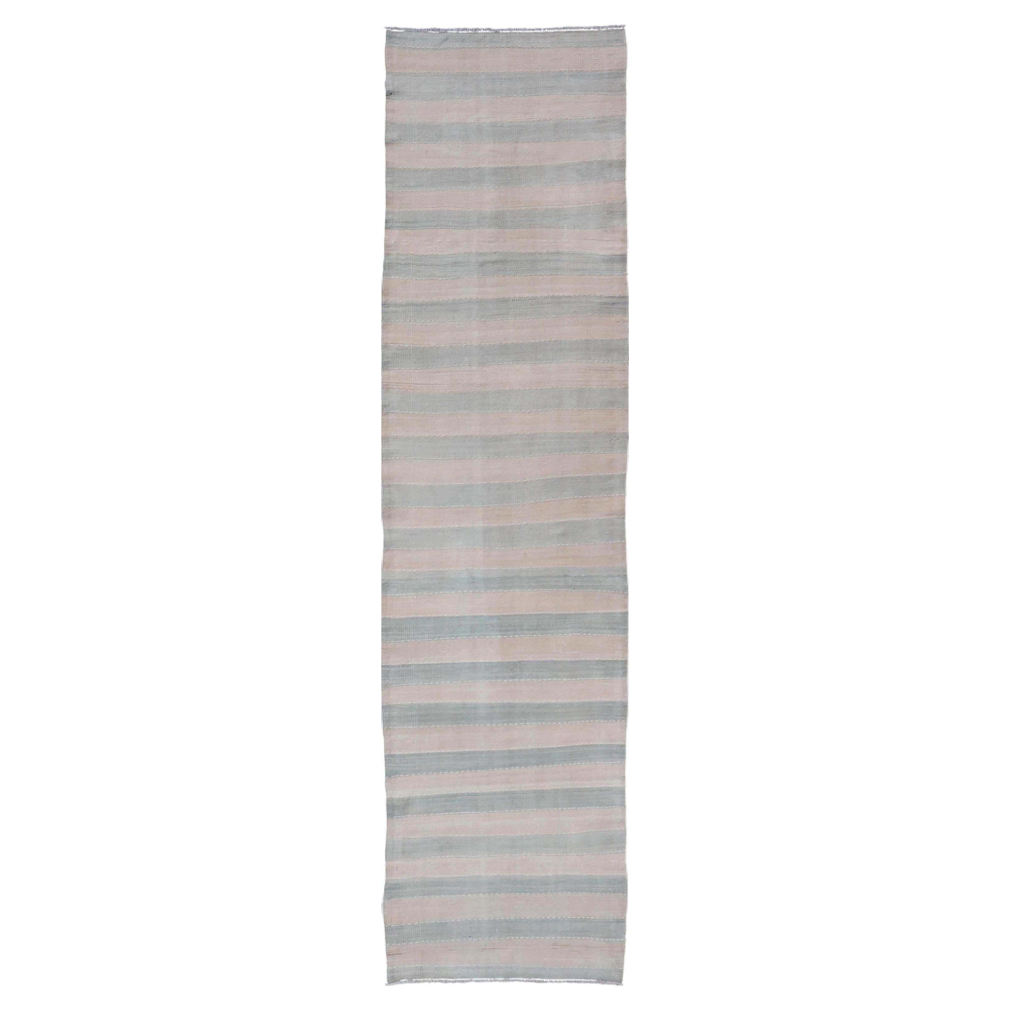 Vintage Turkish Kilim Runner with Soft Blue and Ivory Stripes 2'7 x 11'10 For Sale