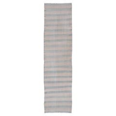 Vintage Turkish Kilim Runner with Soft Blue and Ivory Stripes 2'7 x 11'10