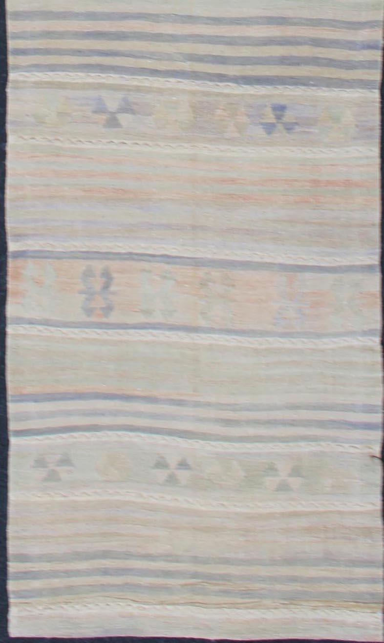 Hand-Woven Vintage Turkish Kilim Runner with Soft Stripes and Modern Design in Muted Colors For Sale