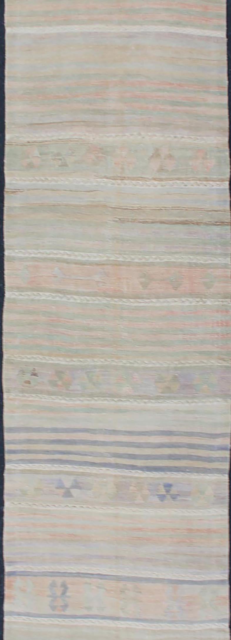 Vintage Turkish Kilim Runner with Soft Stripes and Modern Design in Muted Colors In Good Condition For Sale In Atlanta, GA