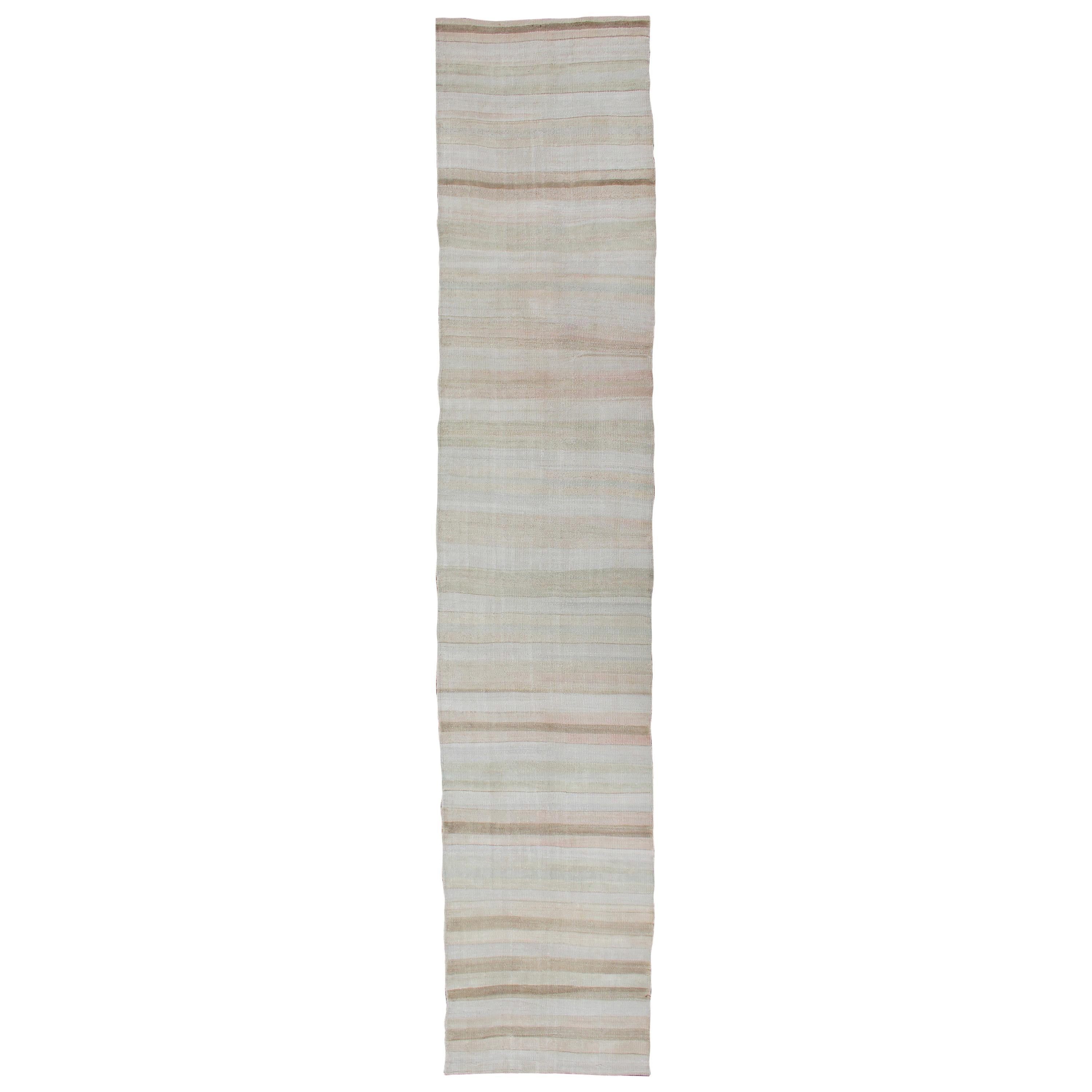 Vintage Turkish Kilim Runner with Soft Stripes and Modern Design in Muted Colors