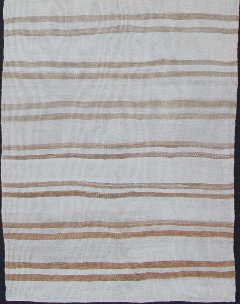 Hand-Woven Vintage Turkish Kilim Runner with Stripe Design in Light Brown and Cream Tones For Sale