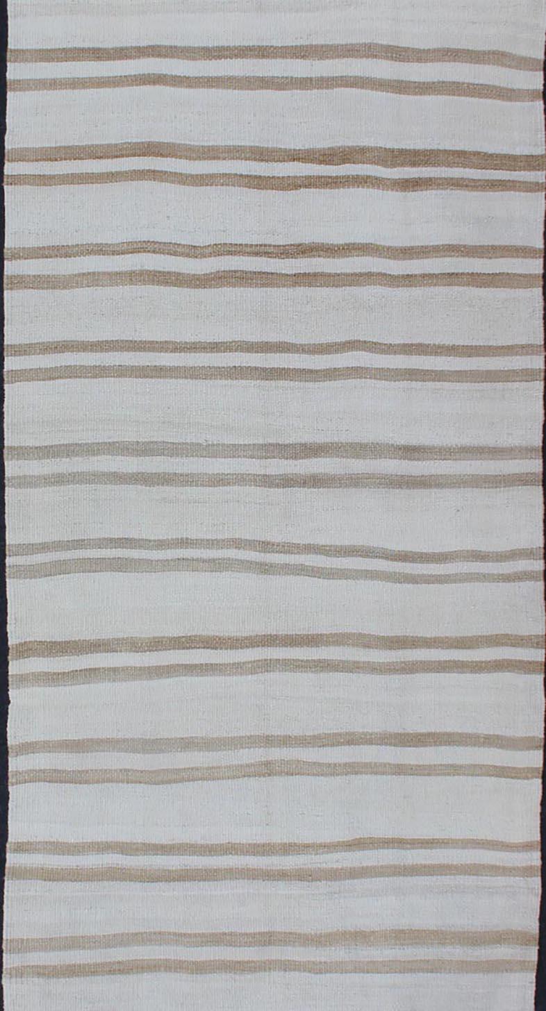 Vintage Turkish Kilim Runner with Stripe Design in Light Brown and Cream Tones In Good Condition For Sale In Atlanta, GA