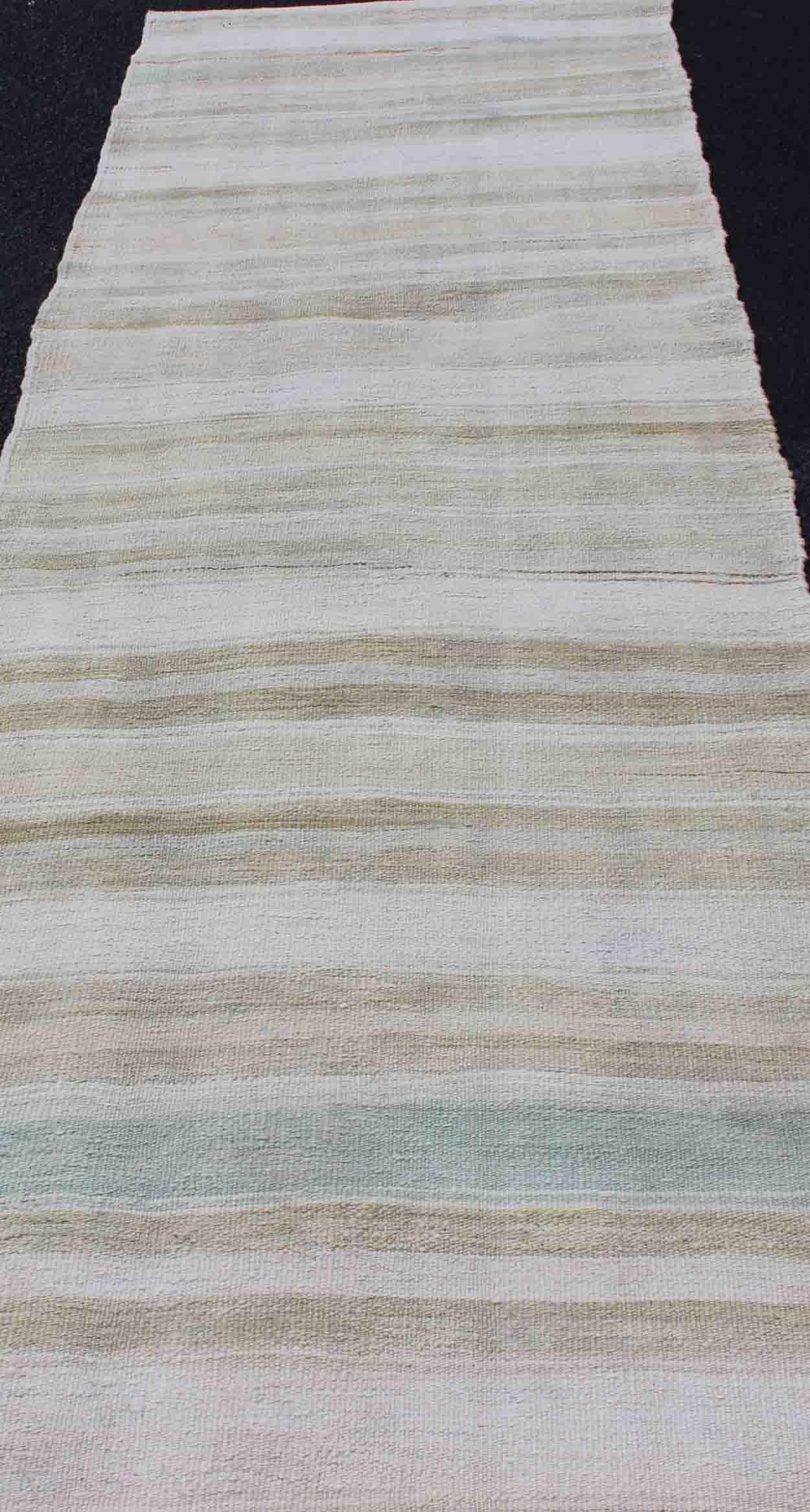 Hand-Woven Vintage Turkish Kilim Runner with Stripes and Modern Design in Muted Colors For Sale