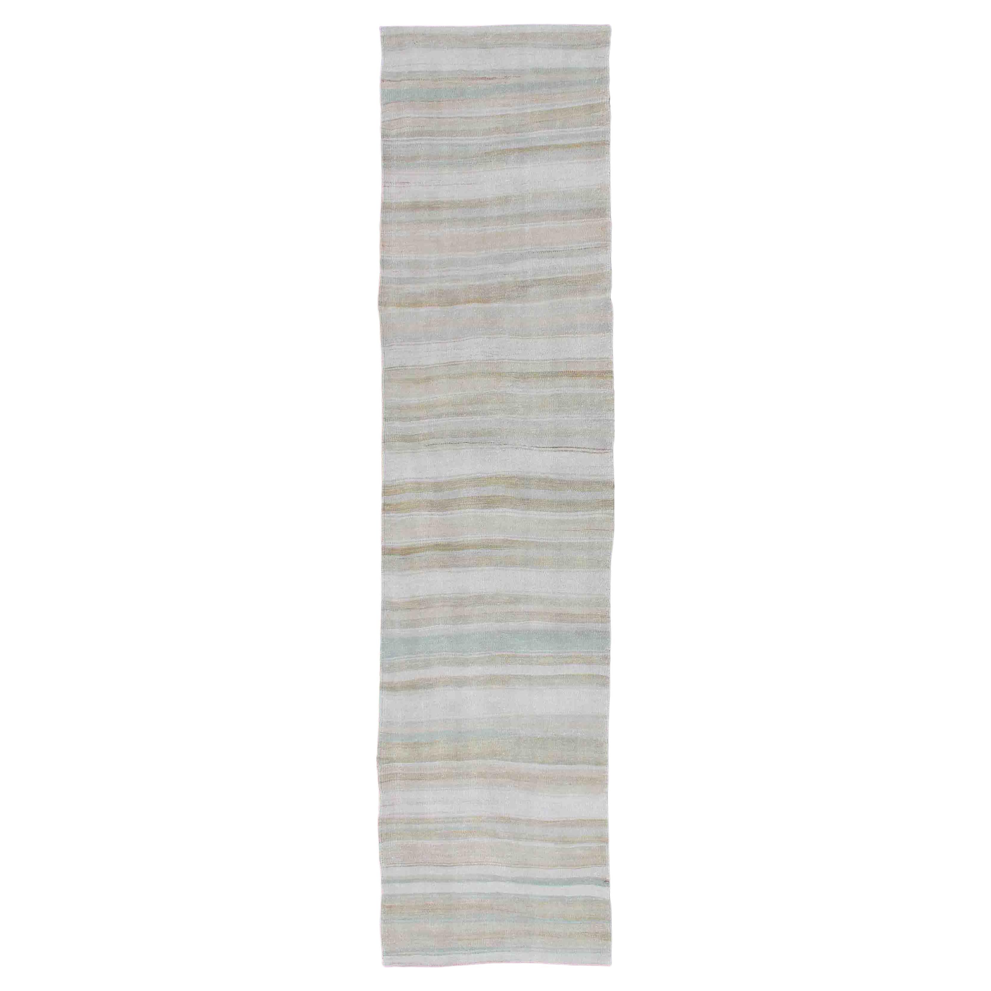 Vintage Turkish Kilim Runner with Stripes and Modern Design in Muted Colors