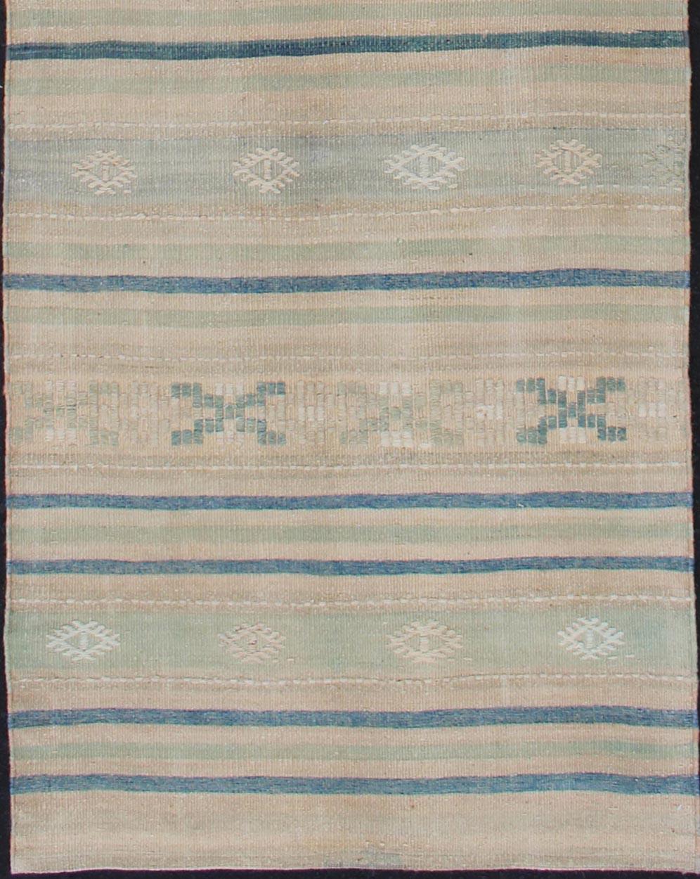 Measures: 2'8 x 10'1.

This flat-woven Kilim runner from Turkey features an exciting composition consisting of stripes rendered in natural tones of brown, blue, and gray, as well as some green shades, making this an ideal piece for modern,