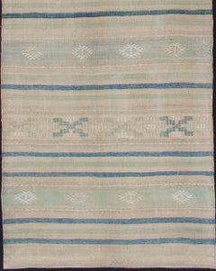 Vintage Turkish Kilim Runner with Stripes in Blue, Gray and Brown Shades