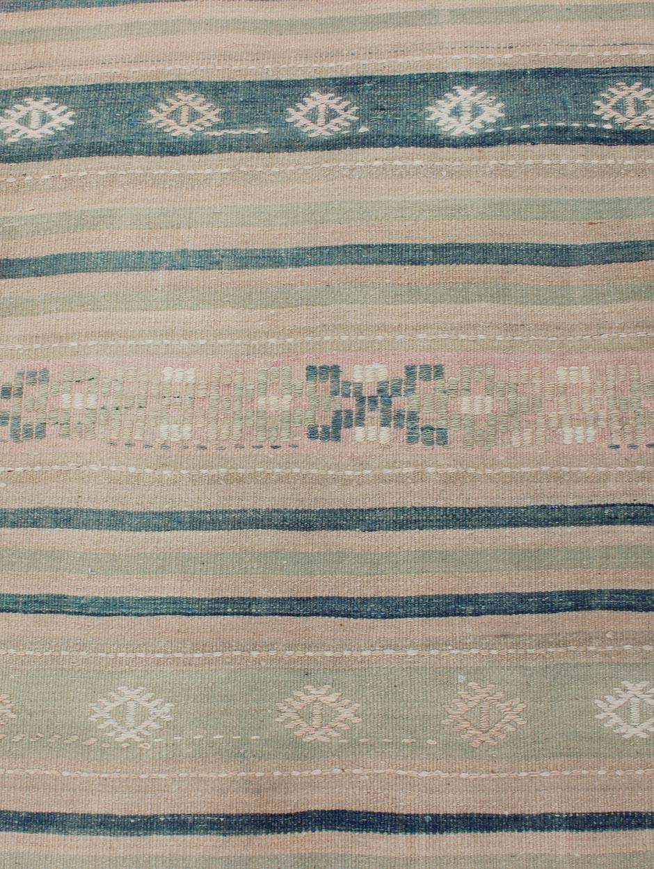 Hand-Woven Vintage Turkish Kilim Runner with Stripes in Blue, Gray and Brown Shades For Sale