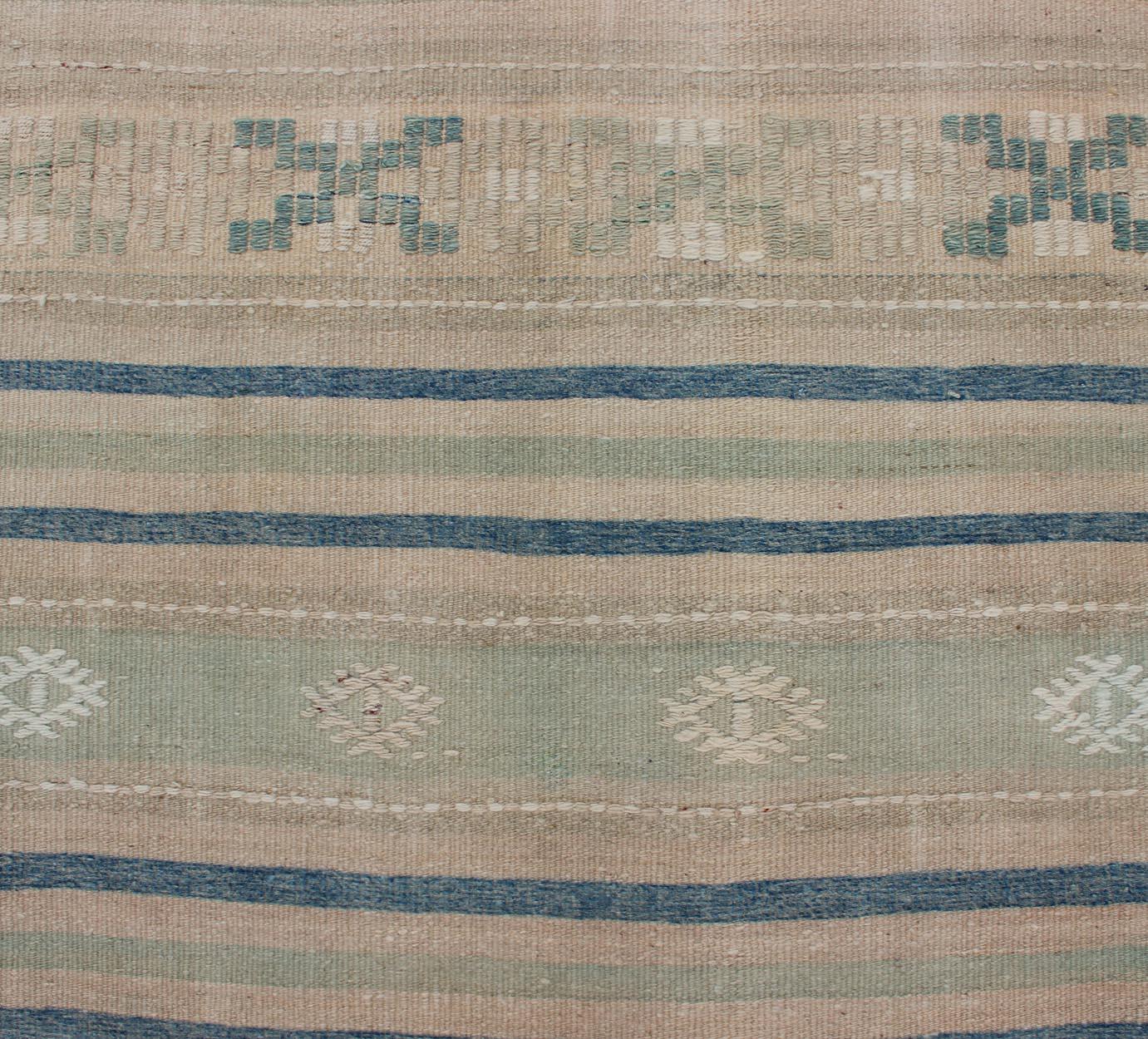 Vintage Turkish Kilim Runner with Stripes in Blue, Gray and Brown Shades In Good Condition For Sale In Atlanta, GA