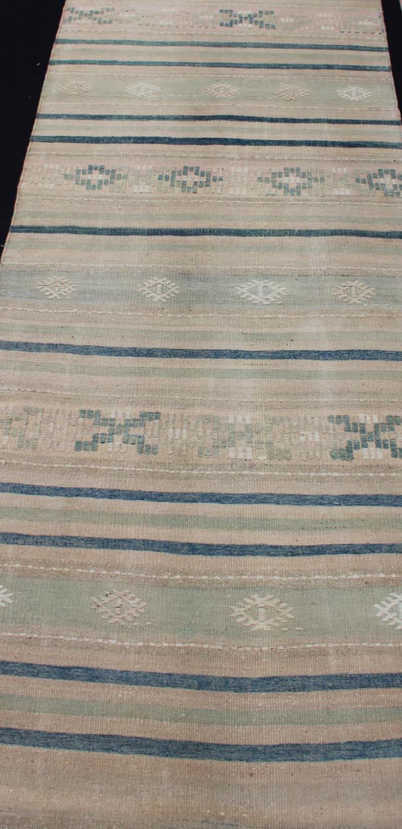 20th Century Vintage Turkish Kilim Runner with Stripes in Blue, Gray and Brown Shades For Sale