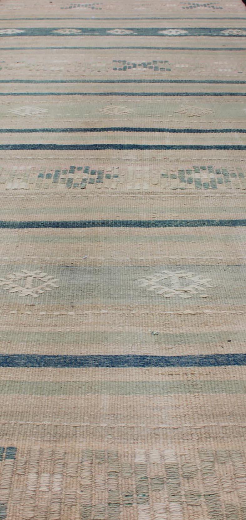 Wool Vintage Turkish Kilim Runner with Stripes in Blue, Gray and Brown Shades For Sale
