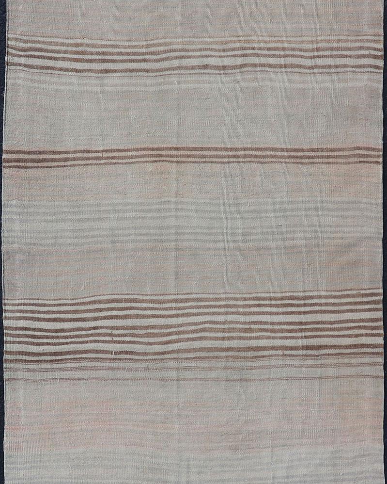 Hand-Woven Vintage Turkish Kilim Runner with Stripes in Brown, Cream, Pink and Blue