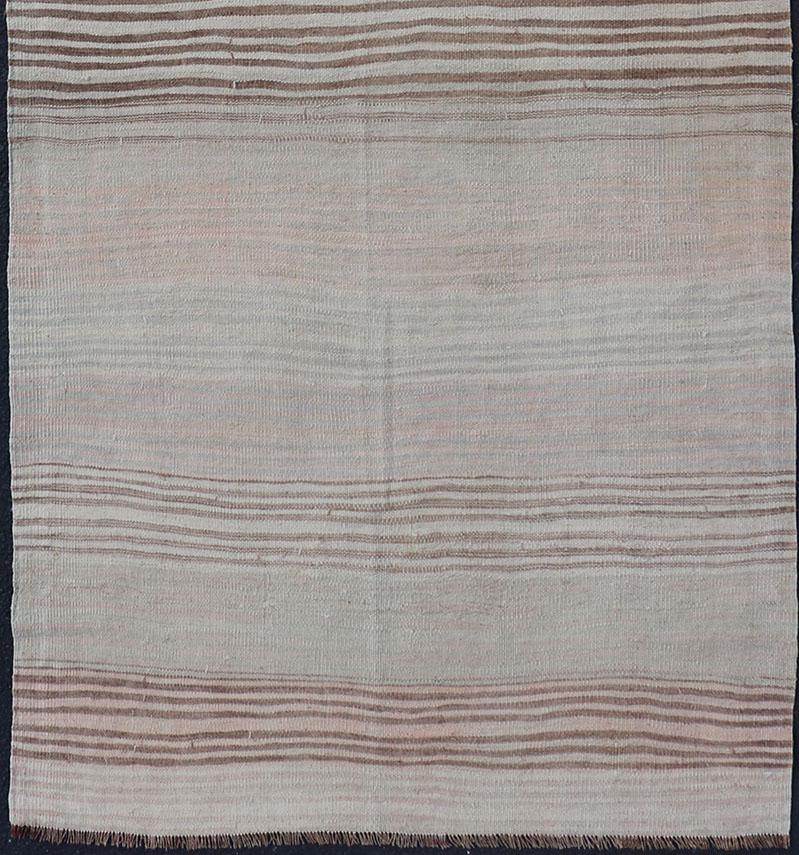Vintage Turkish Kilim Runner with Stripes in Brown, Cream, Pink and Blue In Good Condition In Atlanta, GA