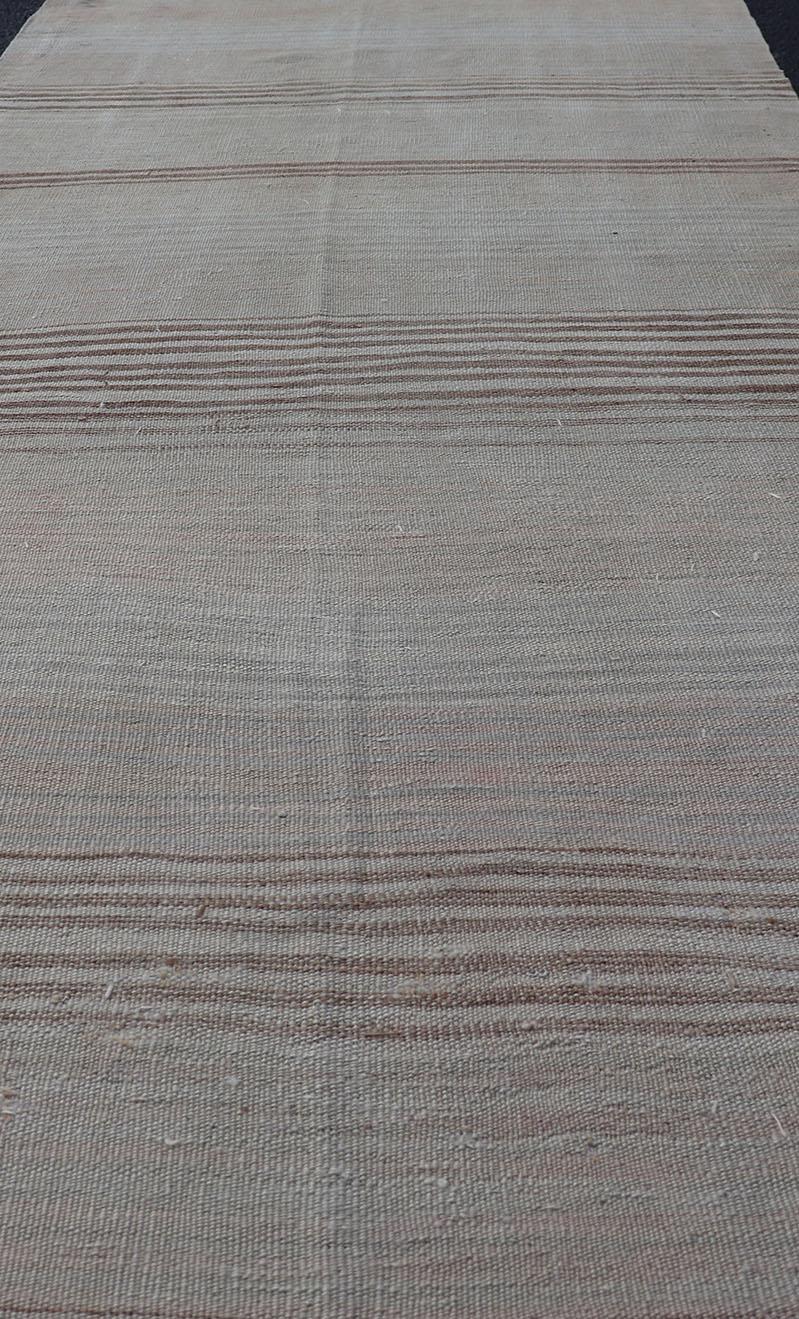 Wool Vintage Turkish Kilim Runner with Stripes in Brown, Cream, Pink and Blue