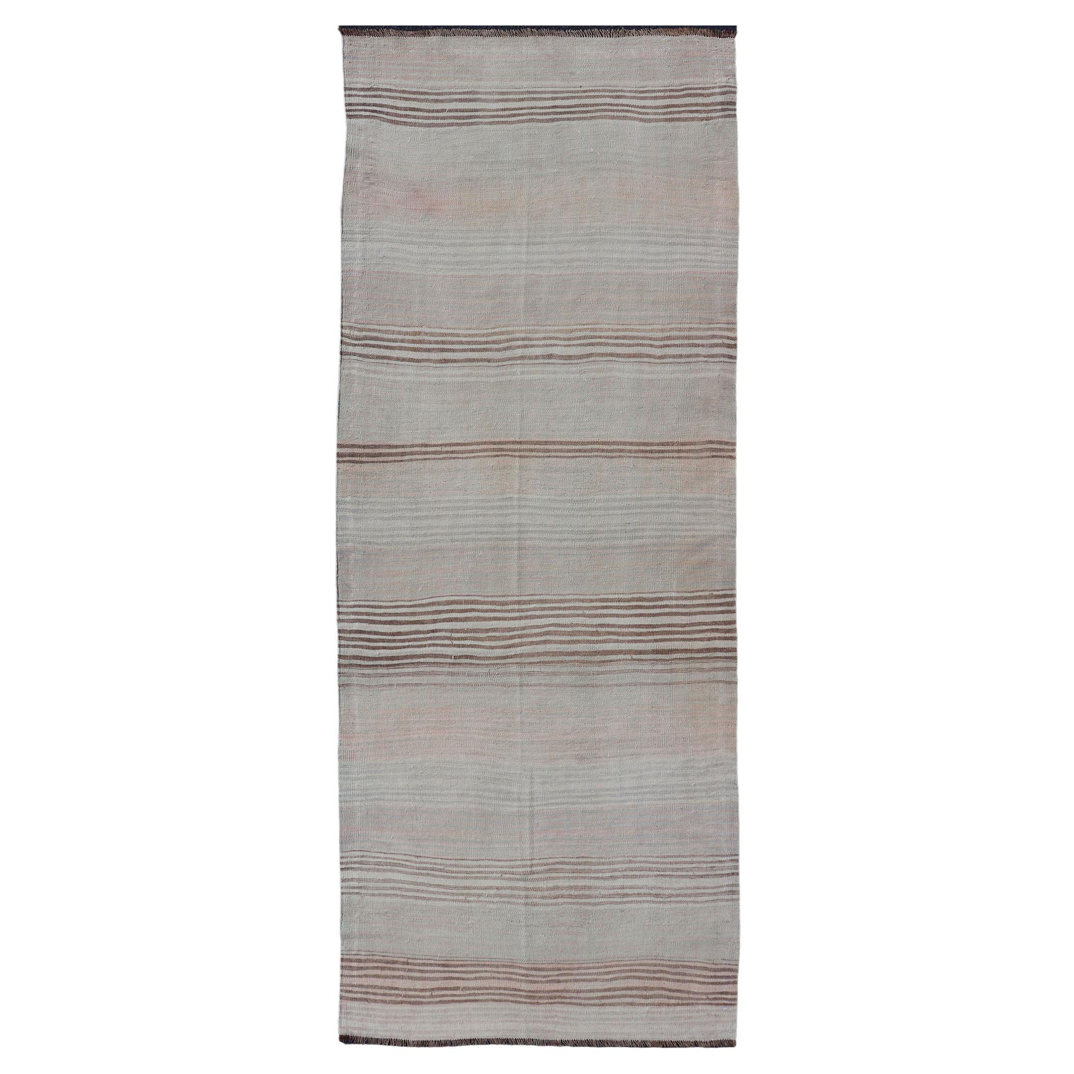 Vintage Turkish Kilim Runner with Stripes in Brown, Cream, Pink and Blue