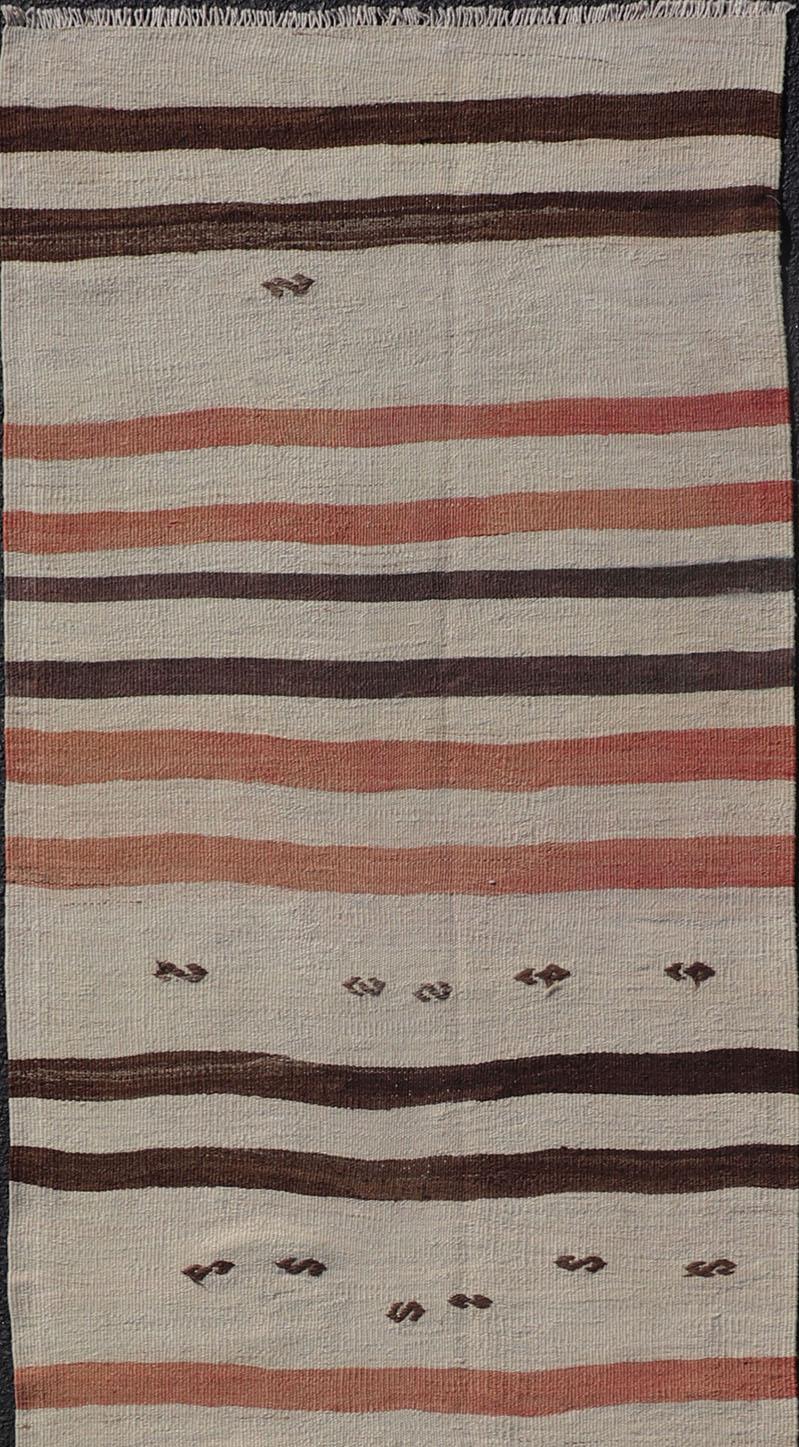 Hand-Woven Vintage Turkish Kilim Runner with Stripes in Cream, Brown & Soft Coral Color For Sale