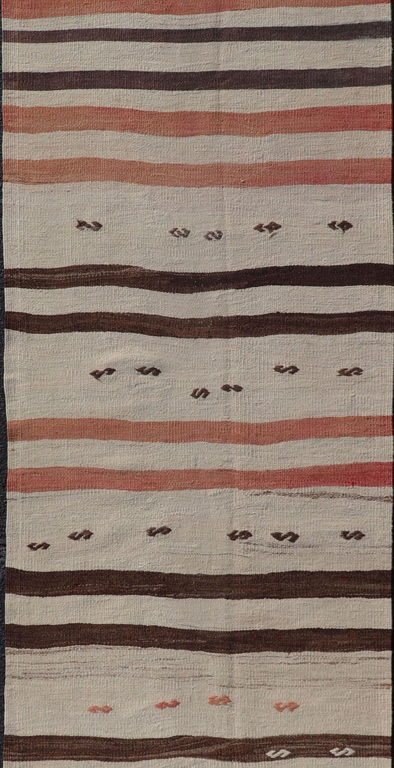Vintage Turkish Kilim Runner with Stripes in Cream, Brown & Soft Coral Color In Good Condition For Sale In Atlanta, GA