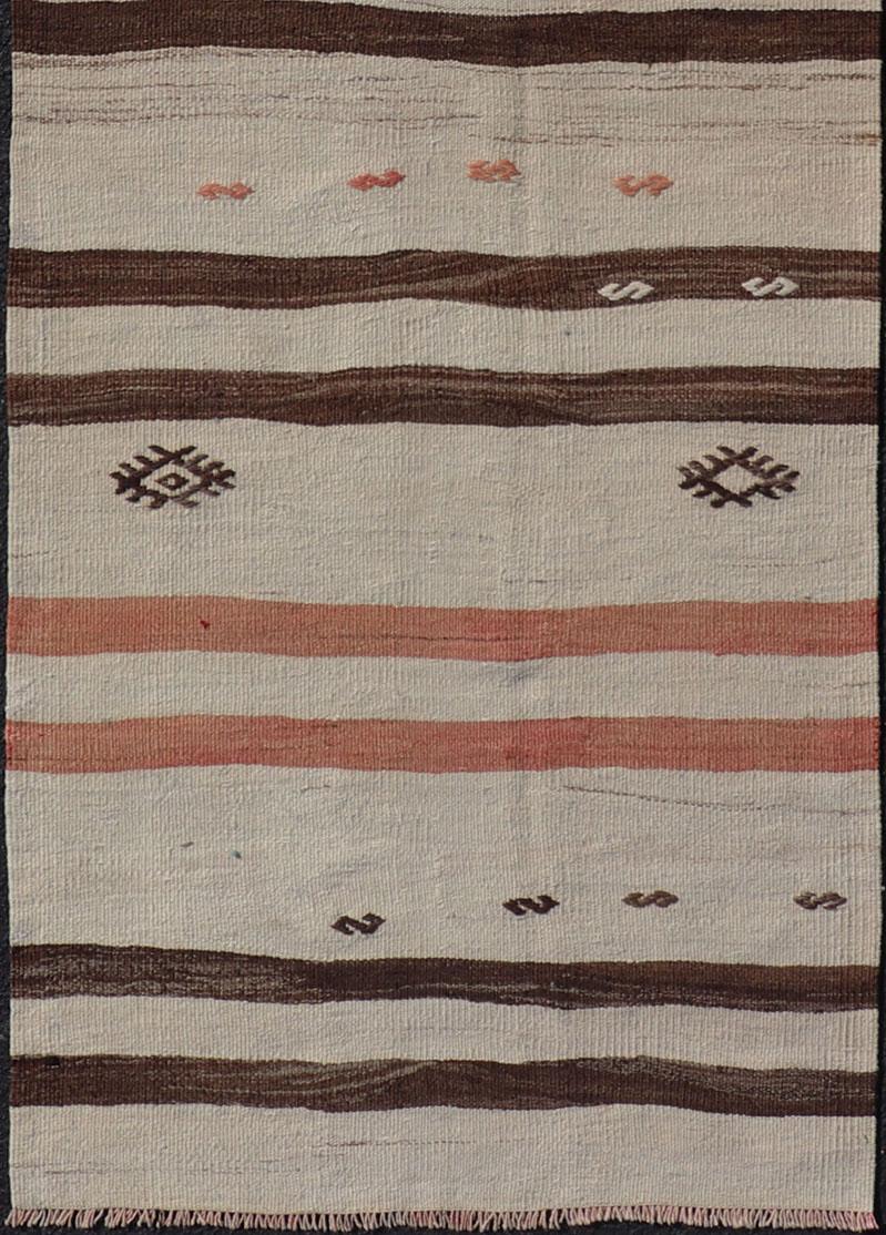 20th Century Vintage Turkish Kilim Runner with Stripes in Cream, Brown & Soft Coral Color For Sale