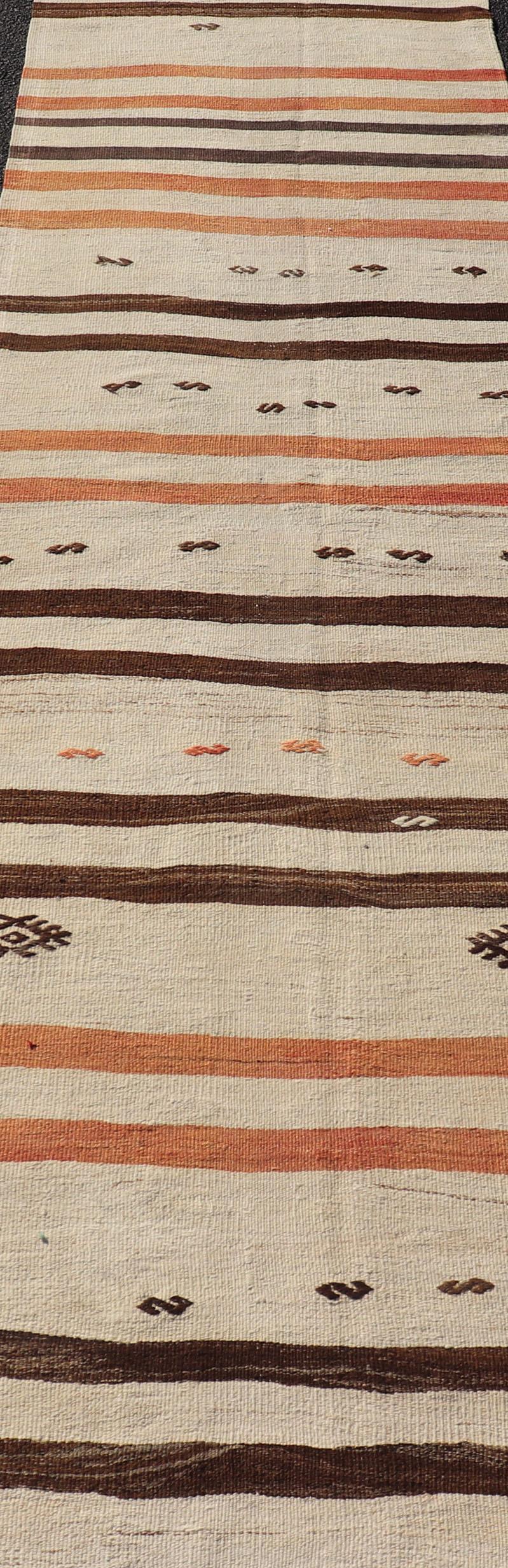Wool Vintage Turkish Kilim Runner with Stripes in Cream, Brown & Soft Coral Color For Sale