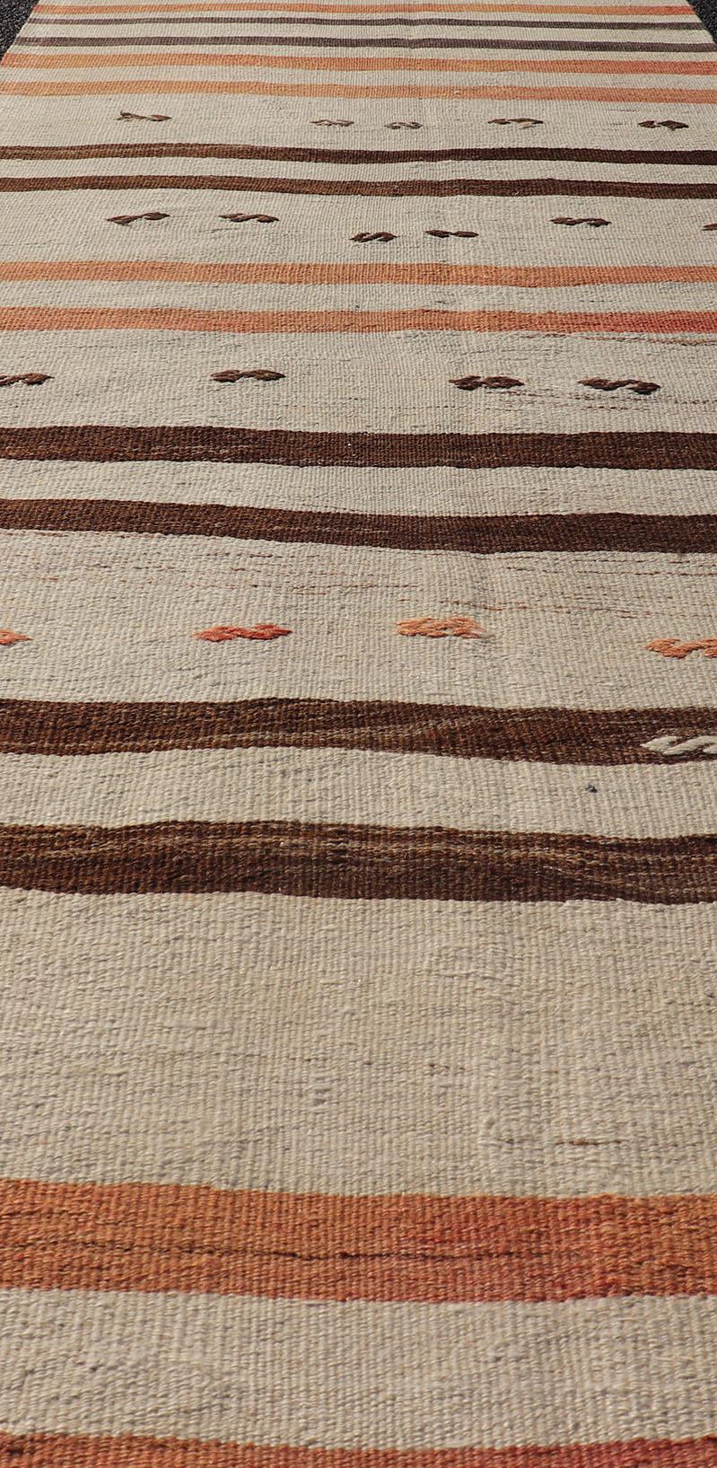 Vintage Turkish Kilim Runner with Stripes in Cream, Brown & Soft Coral Color For Sale 1
