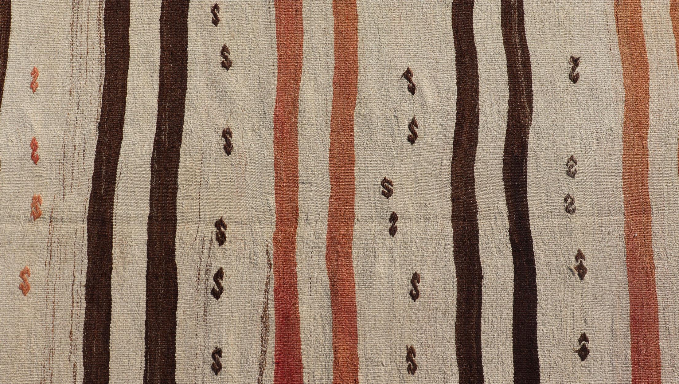 Vintage Turkish Kilim Runner with Stripes in Cream, Brown & Soft Coral Color For Sale 2
