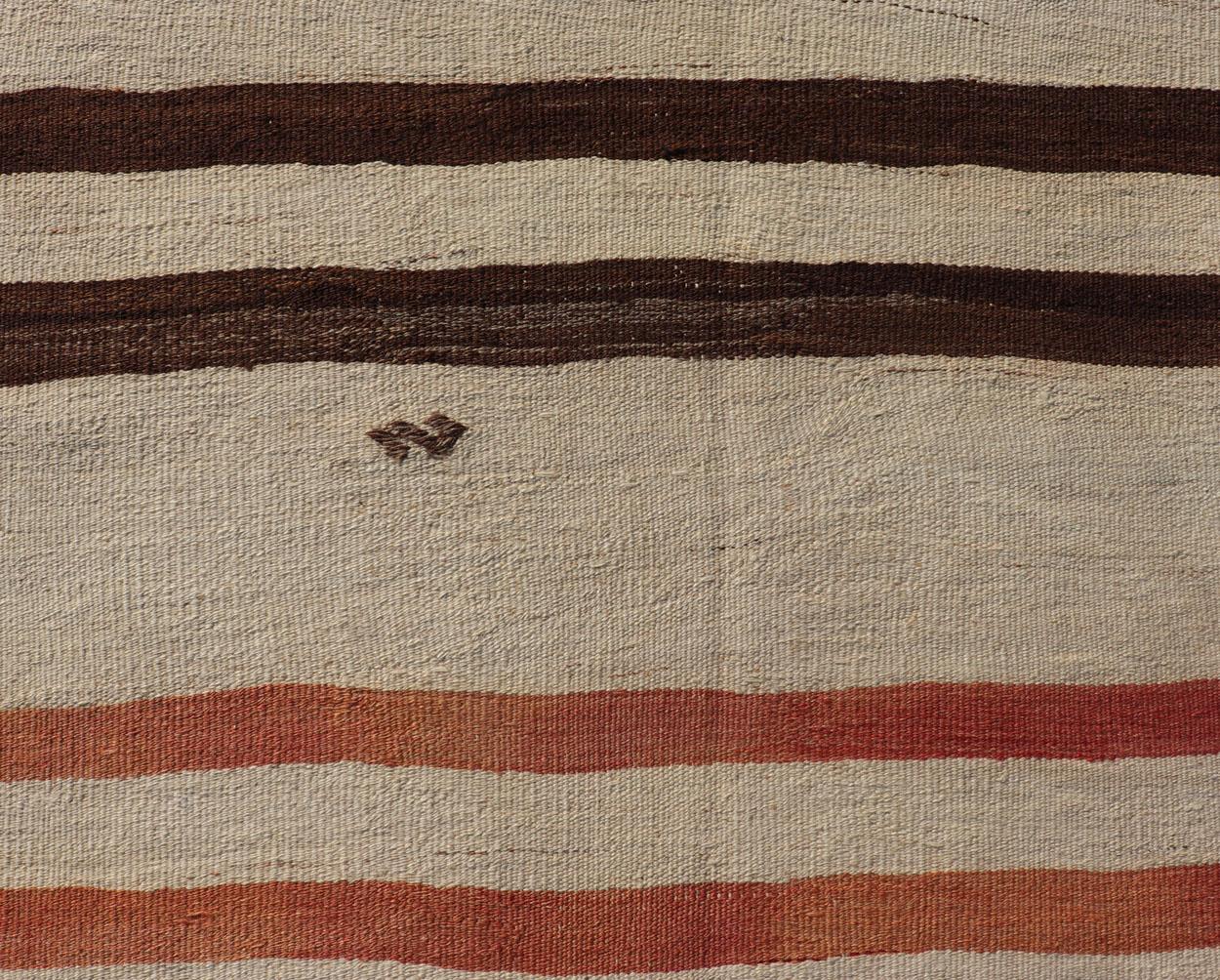 Vintage Turkish Kilim Runner with Stripes in Cream, Brown & Soft Coral Color For Sale 3