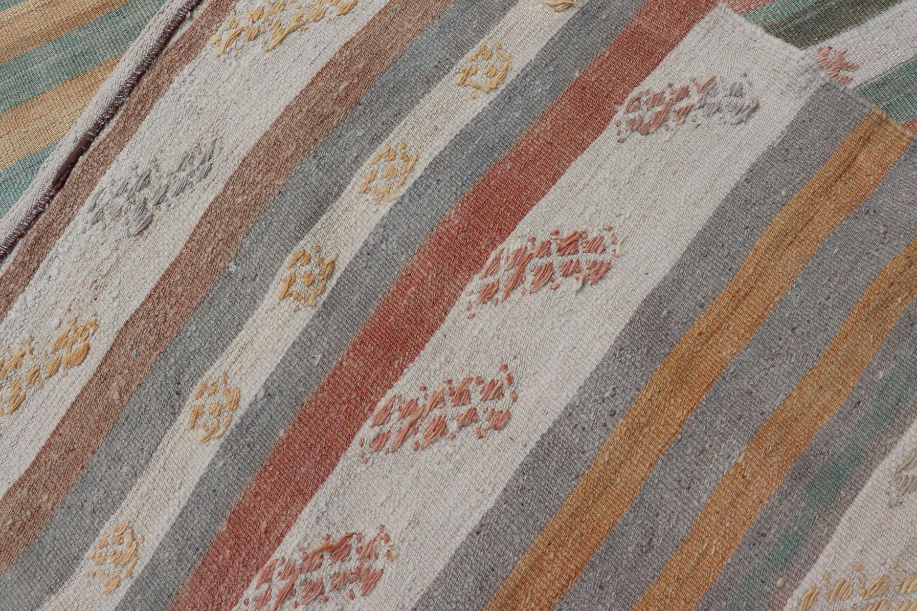 Vintage Turkish Kilim Runner with Stripes in Cream, Lt Green, Coral & Yellow For Sale 4