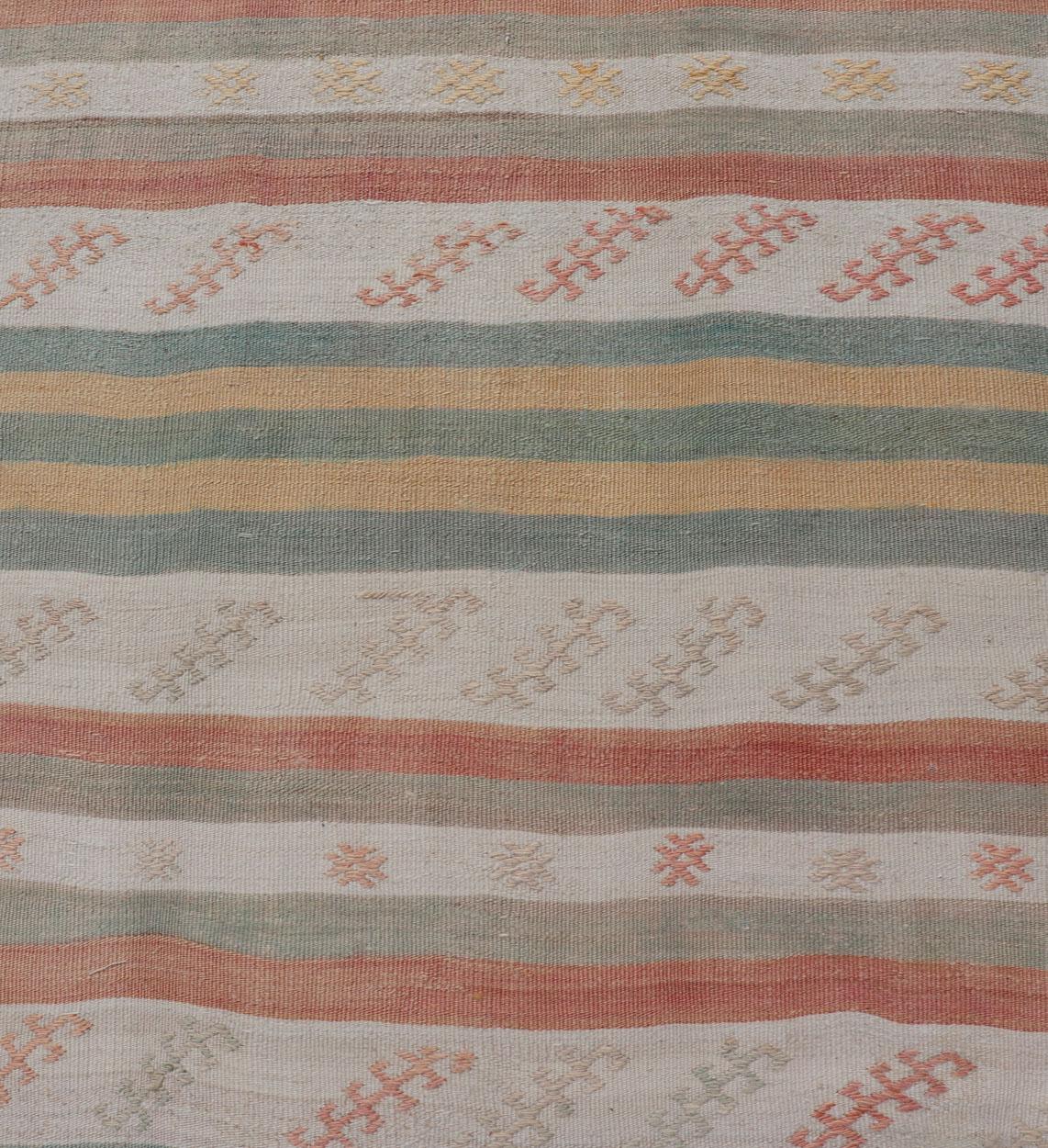 Hand-Woven Vintage Turkish Kilim Runner with Stripes in Cream, Lt Green, Coral & Yellow For Sale
