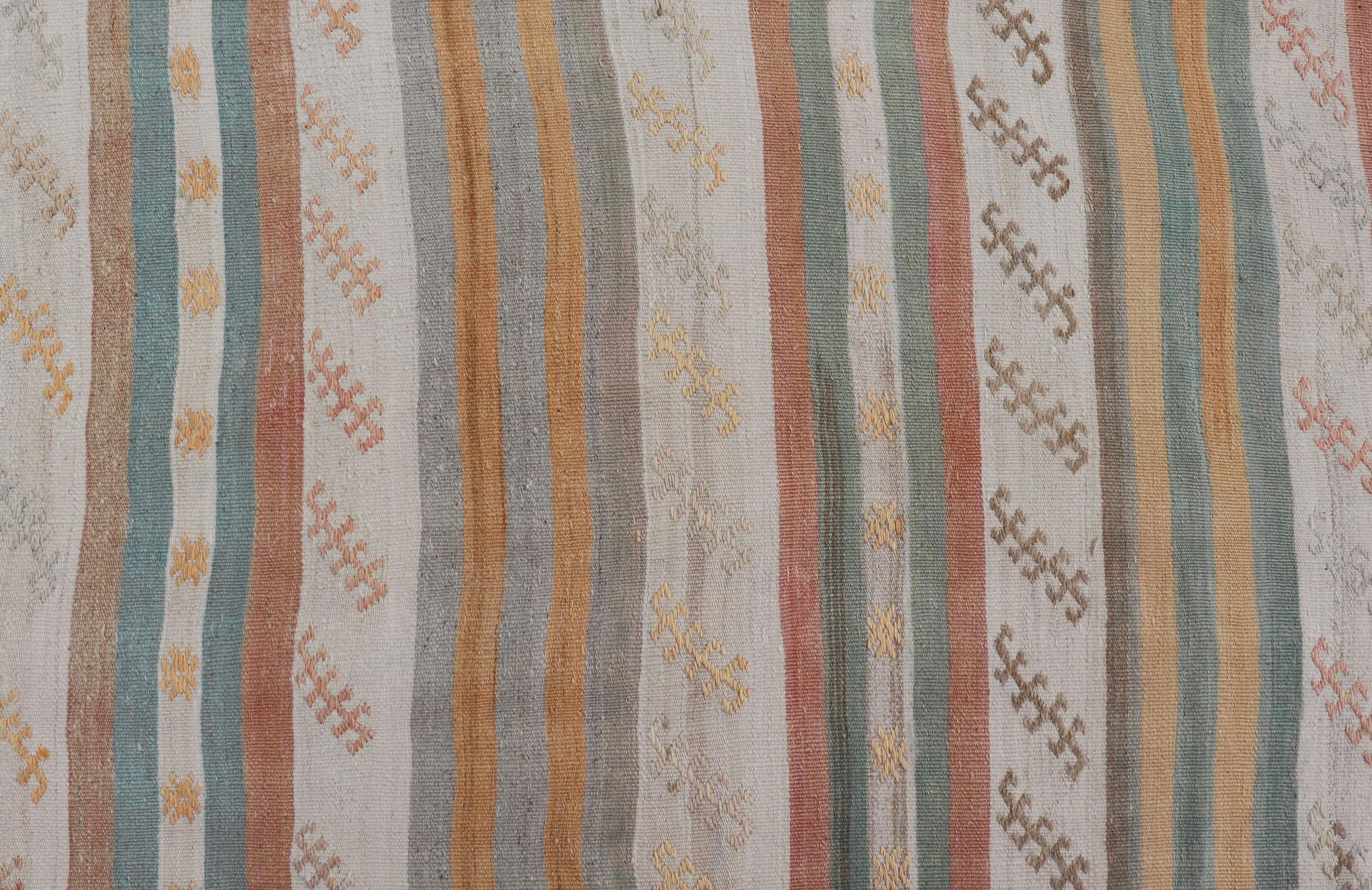 Vintage Turkish Kilim Runner with Stripes in Cream, Lt Green, Coral & Yellow In Good Condition For Sale In Atlanta, GA