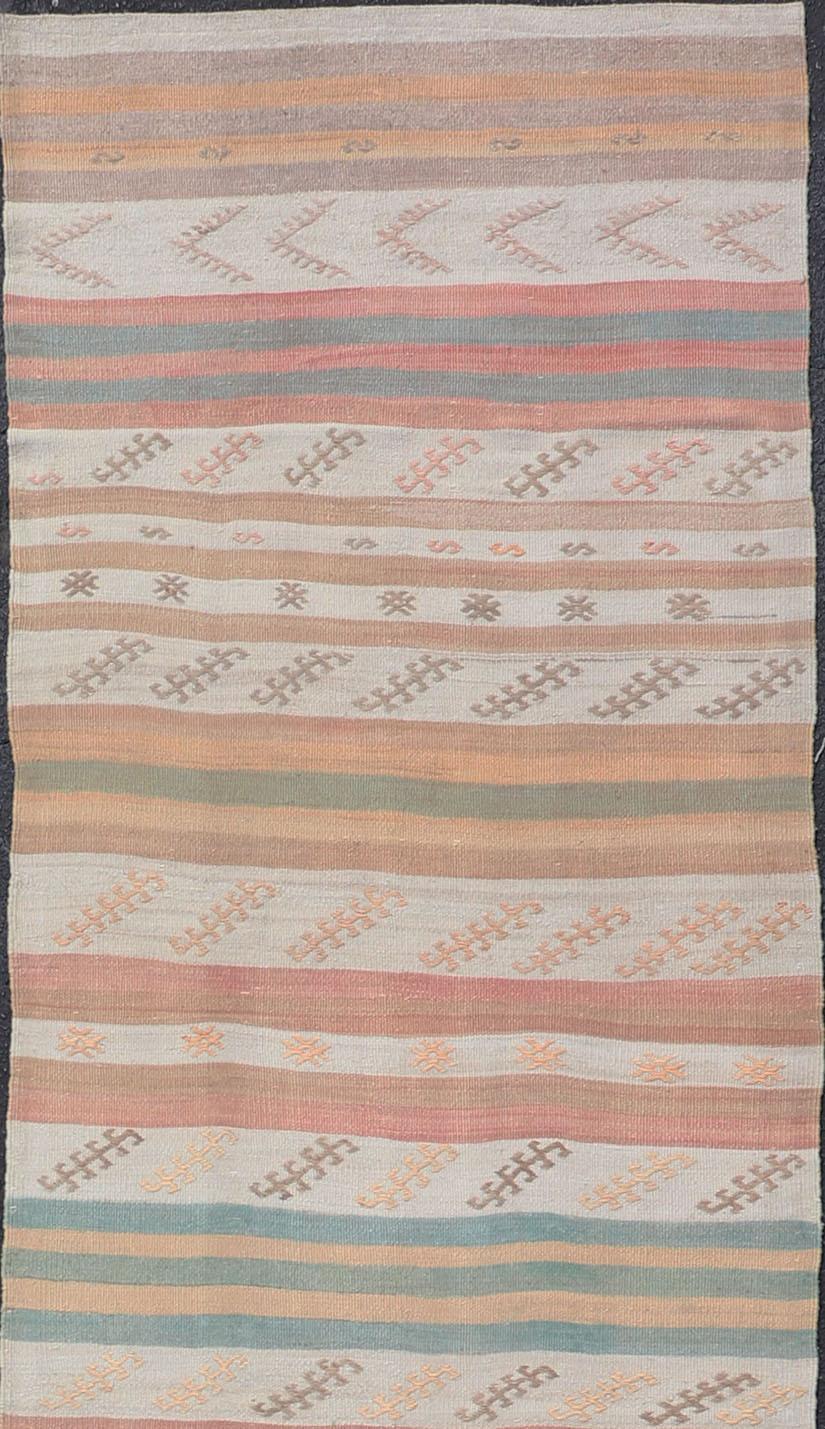 20th Century Vintage Turkish Kilim Runner with Stripes in Cream, Lt Green, Coral & Yellow For Sale