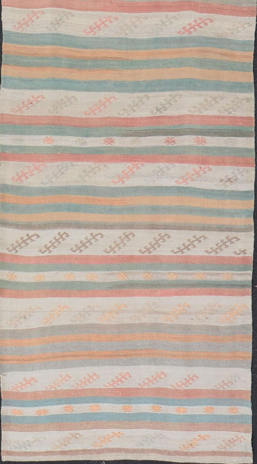 Wool Vintage Turkish Kilim Runner with Stripes in Cream, Lt Green, Coral & Yellow For Sale