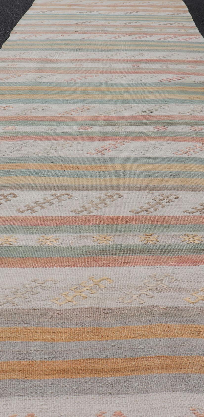 Vintage Turkish Kilim Runner with Stripes in Cream, Lt Green, Coral & Yellow For Sale 1