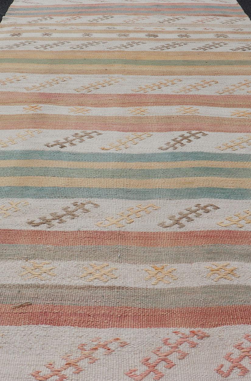 Vintage Turkish Kilim Runner with Stripes in Cream, Lt Green, Coral & Yellow For Sale 2