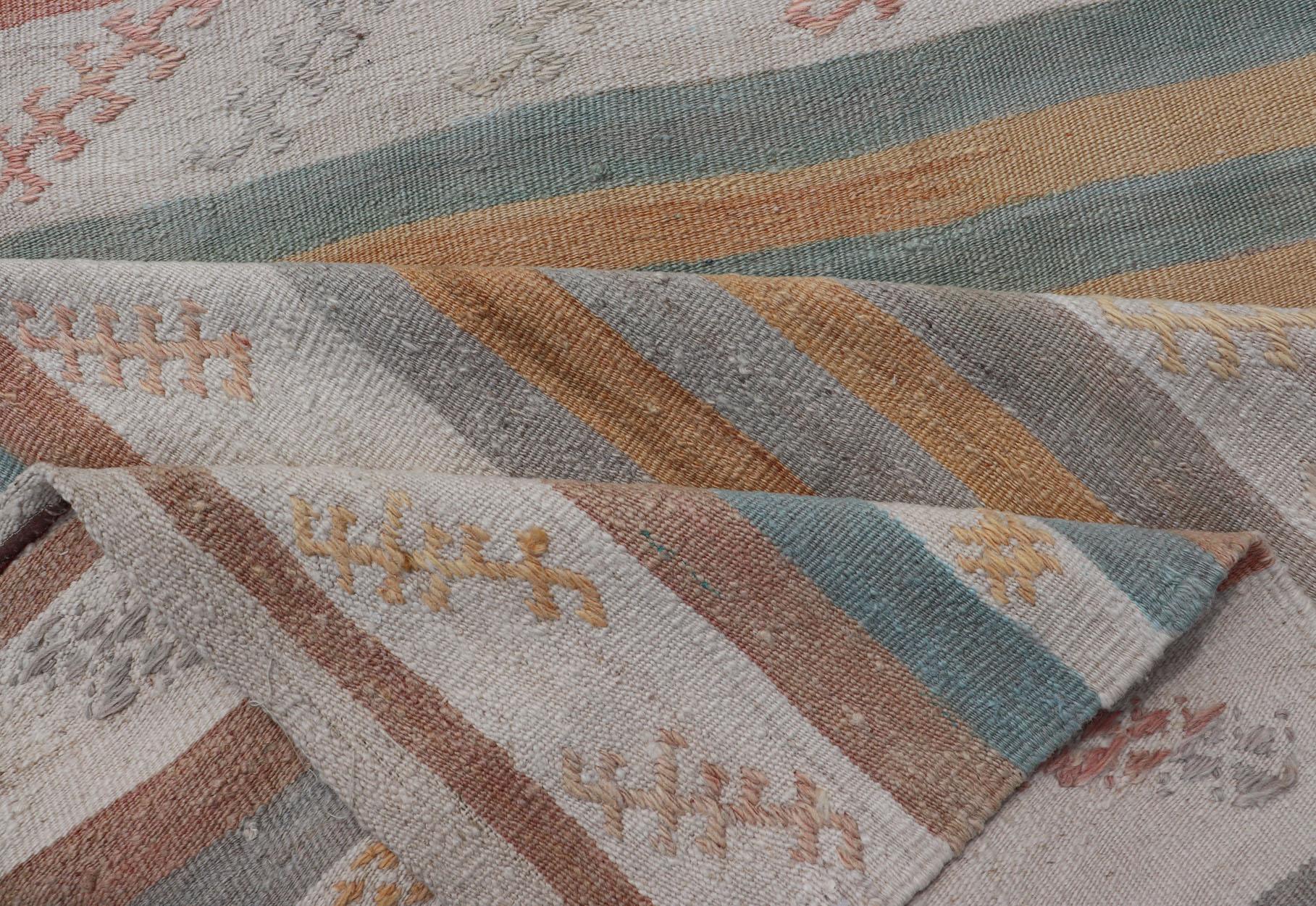 Vintage Turkish Kilim Runner with Stripes in Cream, Lt Green, Coral & Yellow For Sale 3