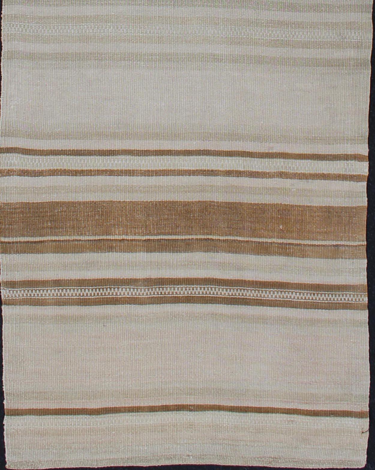 Hand-Woven Vintage Turkish Kilim Runner with Stripes in Light Brown and Neutral Tones For Sale