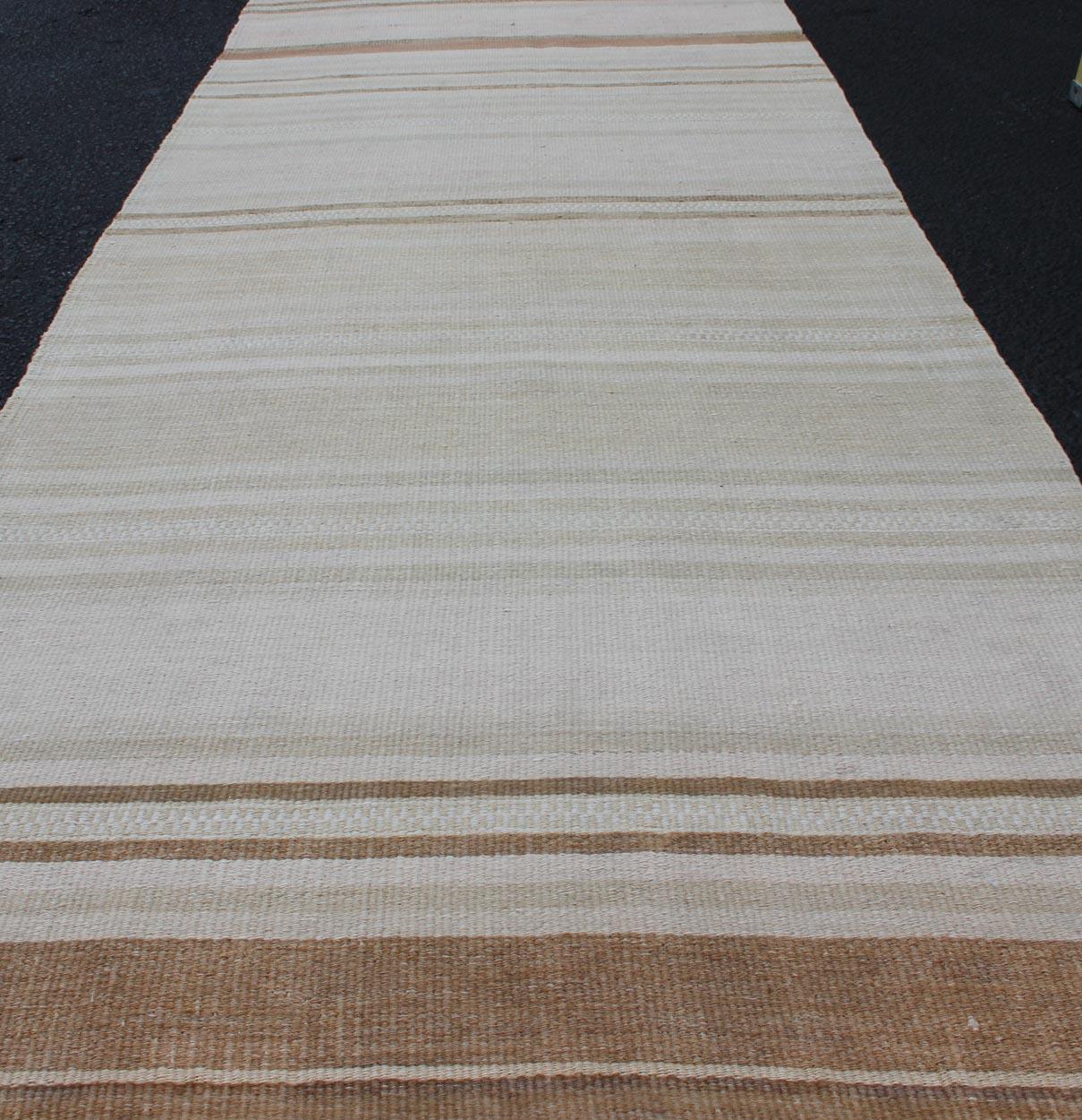 Wool Vintage Turkish Kilim Runner with Stripes in Light Brown and Neutral Tones For Sale